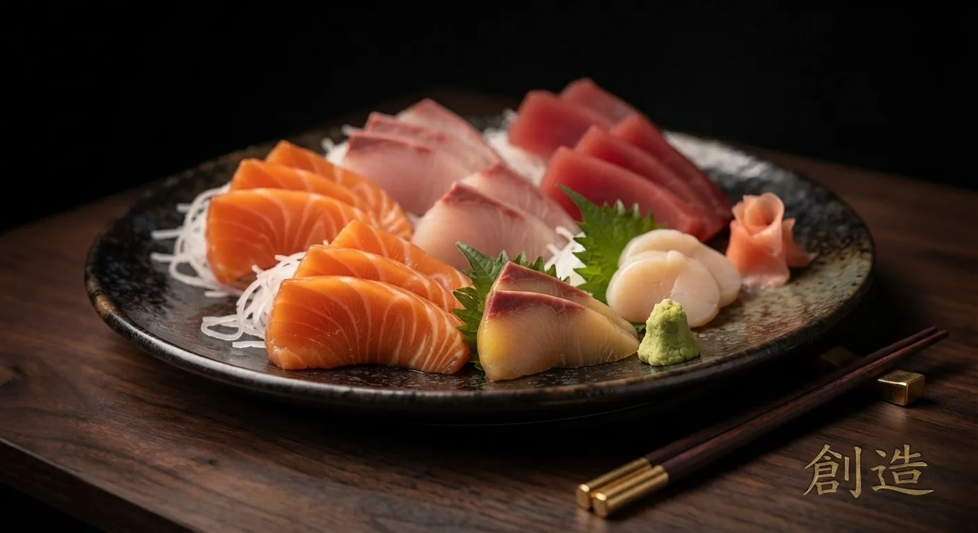 Sashimi plato sa lososom, tunom, belom ribom i kapicama, uz đumbir i wasabi