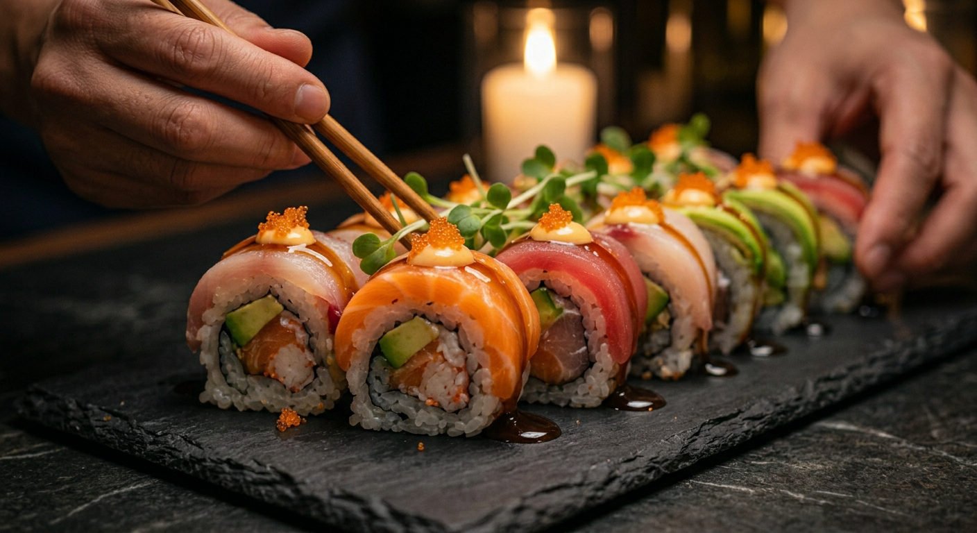 Sushi majstor servira šarene maki rolnice sa štapićima na kamenoj ploči