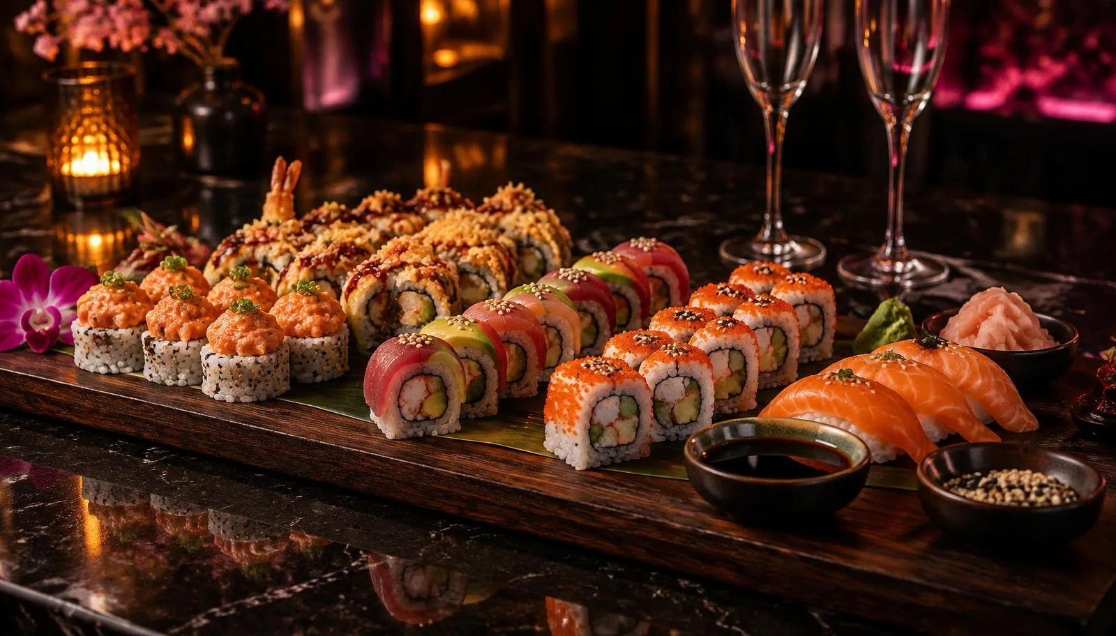 Sushi plato na drvenoj dasci uz čaše šampanjca