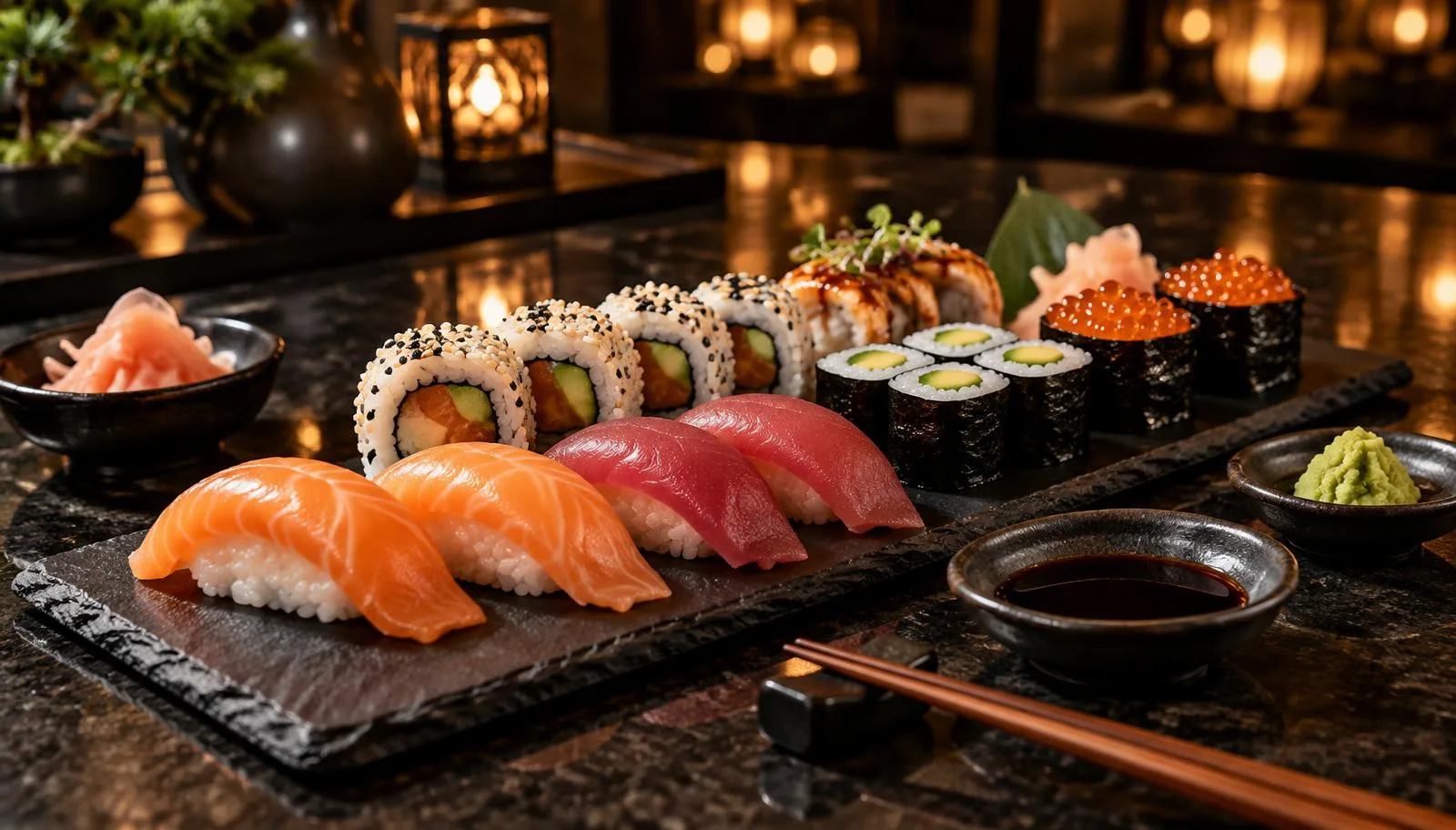 Sushi plato sa nigirijem i rolnicama na tamnom kamenu