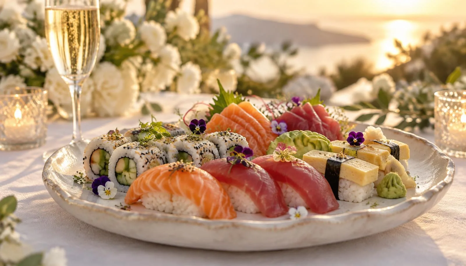 Sushi tanjir uz šampanjac na svečanom stolu