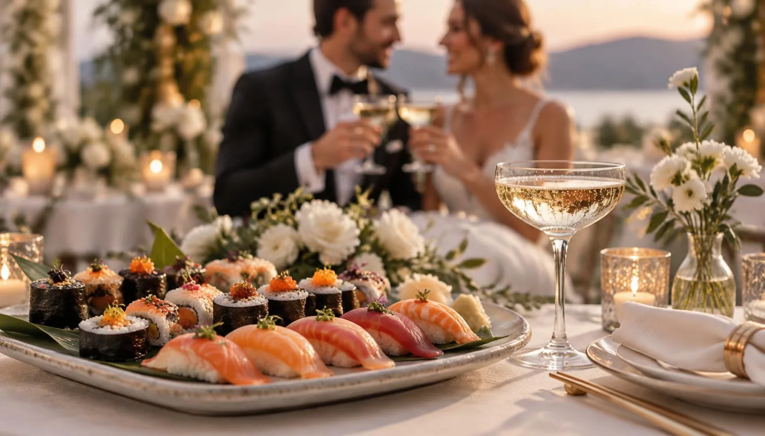 Mladenci nazdravljaju uz sushi plato na venčanju